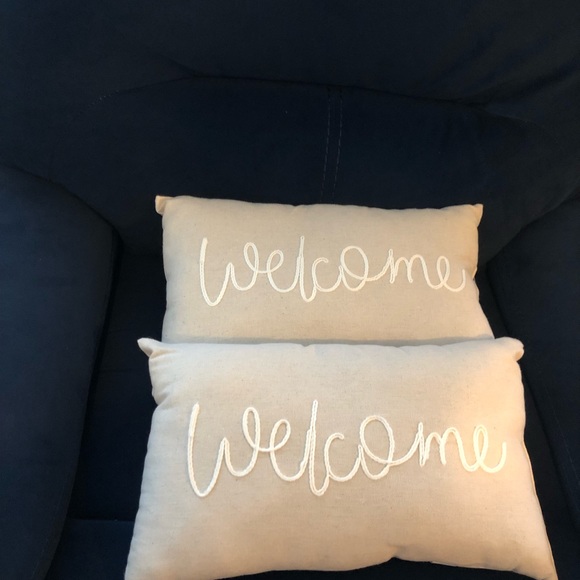 Welcome Embroidered 1 pair Accent Pillows, Beige/White, Gray/white striped back - Picture 6 of 7